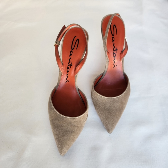 Santoni pumps women's slingback sz 8 Eu38 suede tan shoes stiletto point toe - Picture 10 of 16